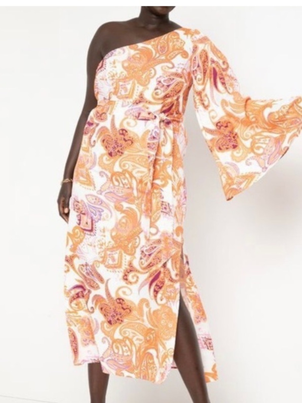 Eloquii Paisley One Shoulder Belted Slit A-Line Midi Dress Boho Orange 14